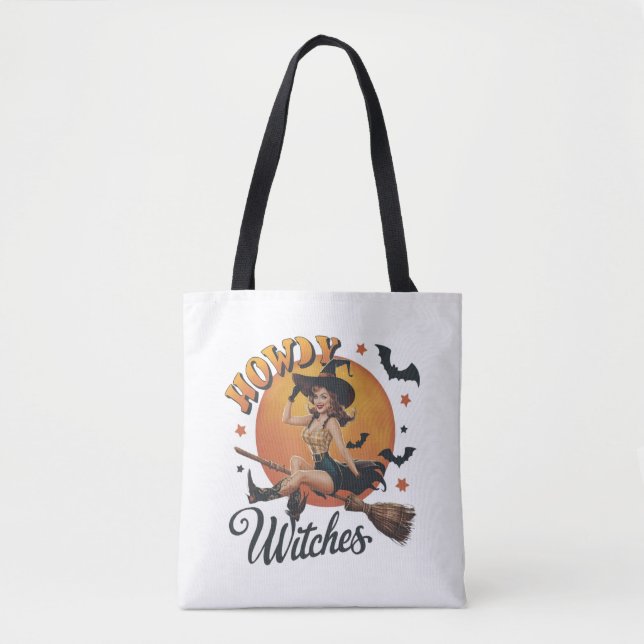 A cheerful witch riding a broomstick tote bag (Front)