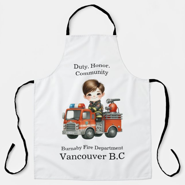 A cheerful young firefighter in a bright red truck apron (Front)