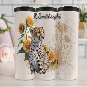 A Cheetah and Sunflowers in Watercolor Thermal Tumbler