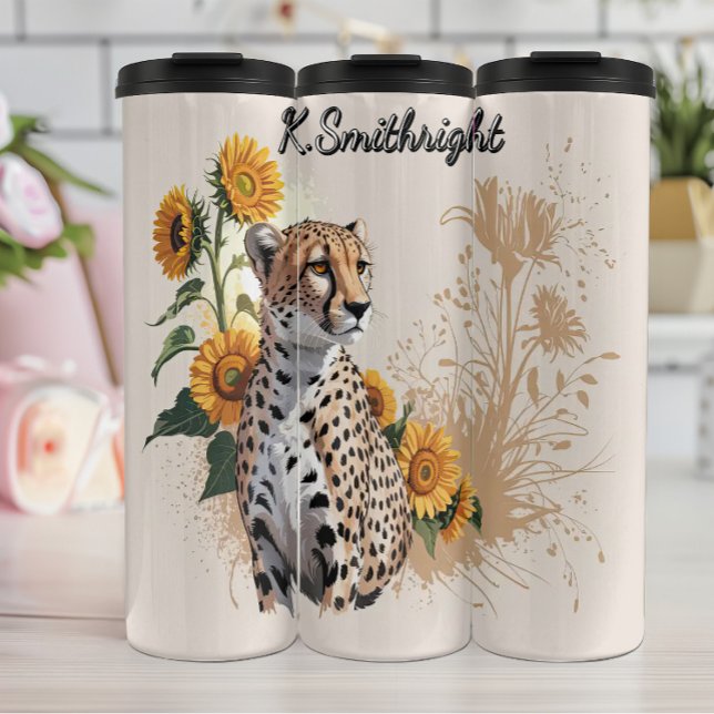 A Cheetah and Sunflowers in Watercolor Thermal Tumbler (Creator Uploaded)