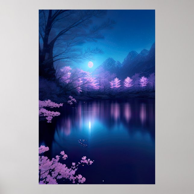 A Cherry Blossom Lake at Night Poster (Front)