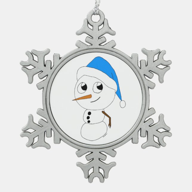 a chibi snowman    snowflake pewter christmas ornament (Front)