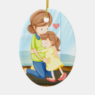 A child hugging her mother ceramic tree decoration