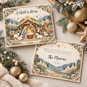 A Child is Born Nativity Scene Christmas Card
