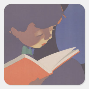 A Child Reading in the Library ClassicIllustration Square Sticker