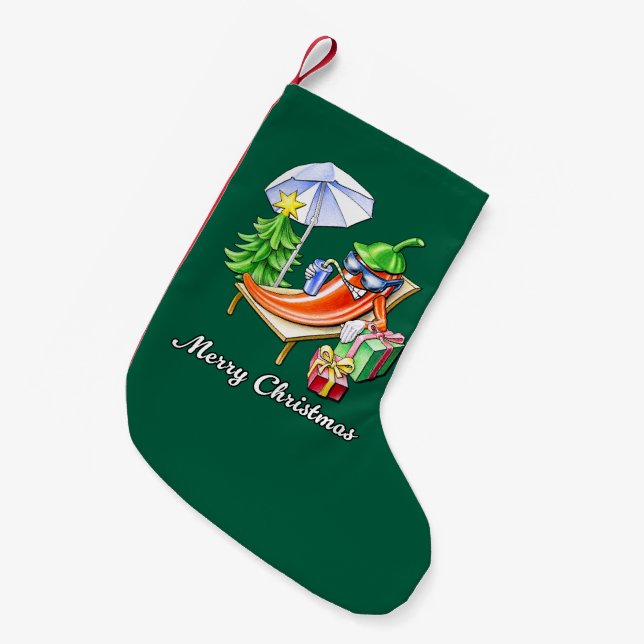 A Chilli Merry Christmas under Sunshade and Tree Small Christmas Stocking (Front (Hanging))