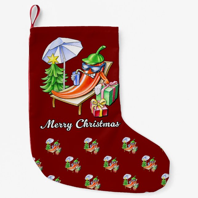 A Chilli Merry Christmas under Sunshade and Tree Small Christmas Stocking (Front)