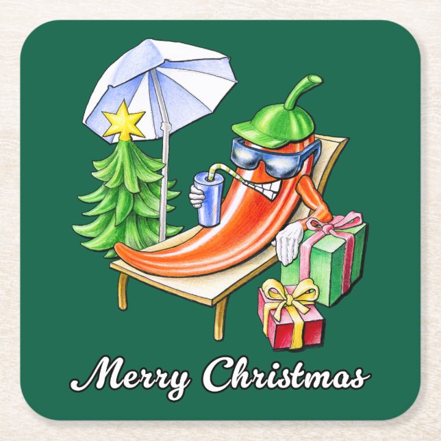 A Chilli Merry Christmas under Sunshade and Tree Square Paper Coaster (Front)