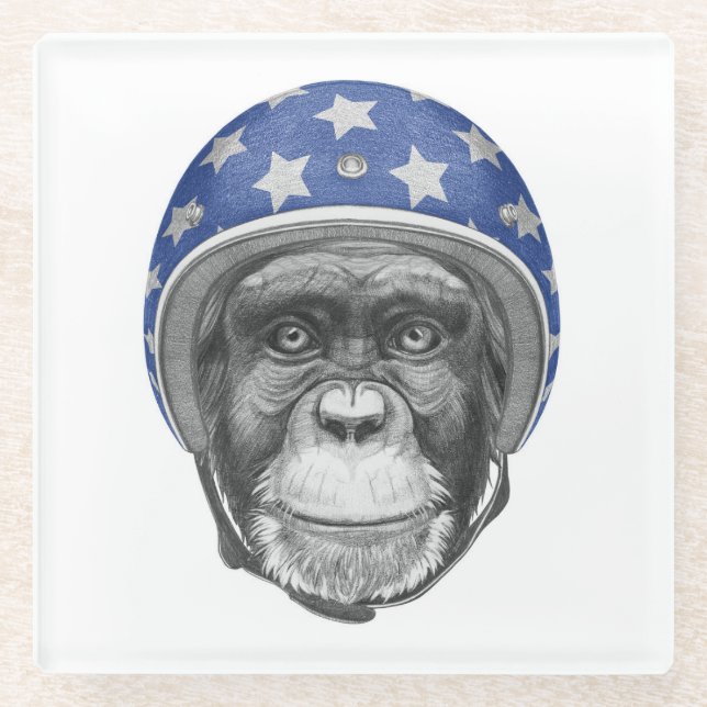 A Chimpanzee Motorcycle Rider Glass Coaster (Front)