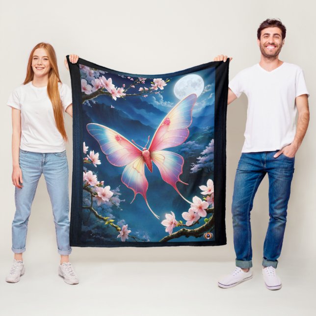 A Chinese Moon Moth Flying Amidst Cherry Blossoms Fleece Blanket (In Situ)