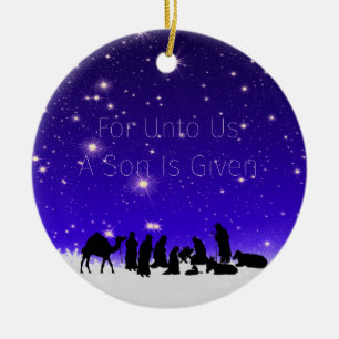 A Chisld is Born Starry Snowy Night on a Ceramic Tree Decoration