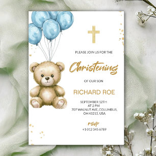A christening Invitation features a teddy bear