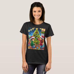 a christmas card with a boy and a girl holding a T-Shirt