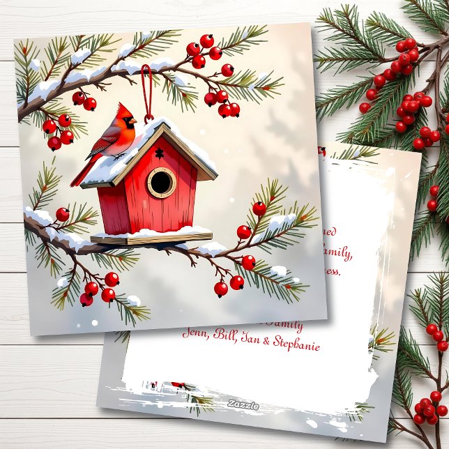 A Christmas Cardinal on a Birdhouse Personalised Holiday Card (Creator Uploaded)