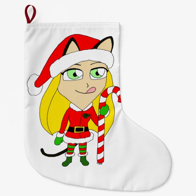 a Christmas chibi catgirl Large Christmas Stocking (Front)