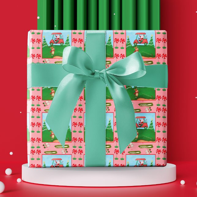 A Christmas Golf Outing With Santa And Reindeer  Wrapping Paper Sheet (Fore the holidays, tee up festive cheer with Christmas Golf Wrapping!)