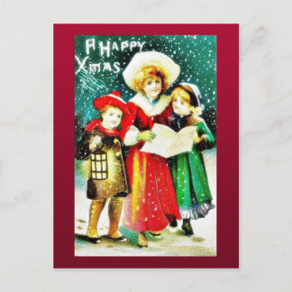 A christmas greeting with three kids, two singing holiday postcard