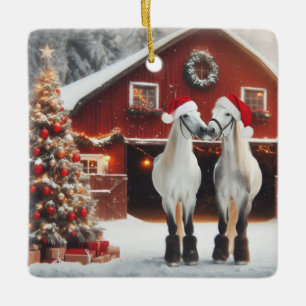 A Christmas Kiss Beautiful White Horses Kissing Ceramic Ornament