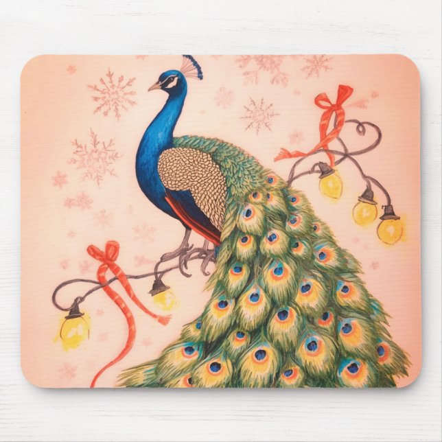 A Christmas Peacock Sitting Pretty on a Thick Mouse Mat (Front)
