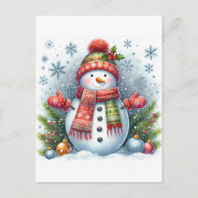 A Christmas Snowman on a Cold and Snowy Postcard (Front)