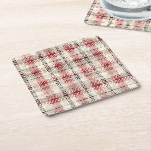 A Christmas Tartan Floral Design Series #15 Square Paper Coaster