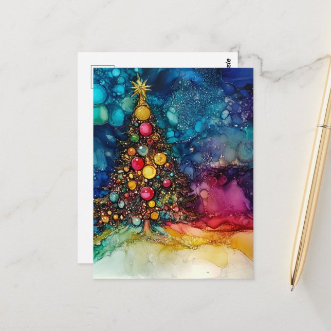 A Christmas Tree Alcohol Inks Postcard (Front/Back In Situ)