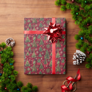 A Christmas Tree And Snowflakes- Red Background Wrapping Paper