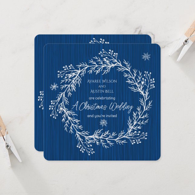 A Christmas Wedding White Chalk Designs On Blue   Invitation (Front/Back In Situ)