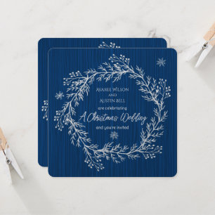 A Christmas Wedding White Chalk Designs On Blue Invitation