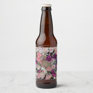 A Circle Of Pink and Purple Roses Acrylic Paintin Beer Bottle Label