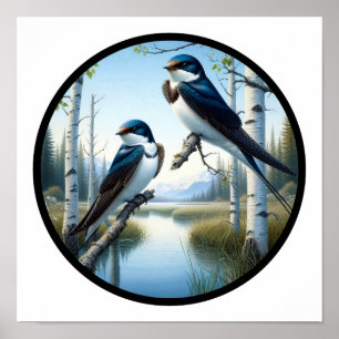 A Circular 3D Image of 2 Perched Tree Swallows  Poster