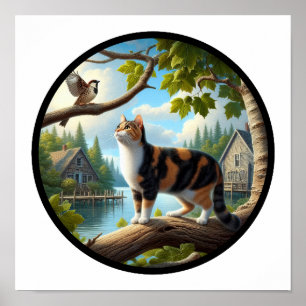 A circular 3D image of a beautiful Calico cat Poster