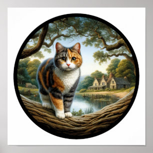 A circular 3D image of a beautiful Calico cat Poster
