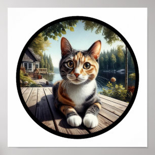 A circular 3D image of a beautiful Calico cat Poster