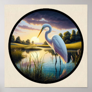 A Circular 3D Image of a Beautiful Great Egret Poster