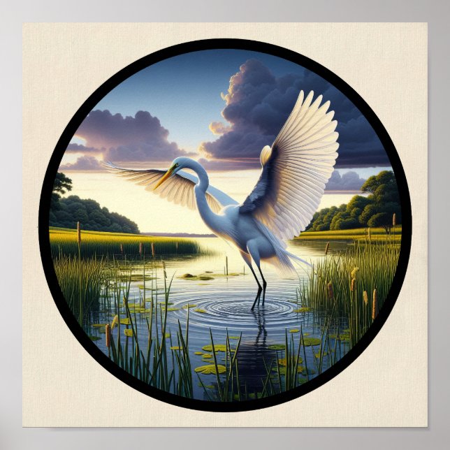 A Circular 3D Image of a Beautiful Great Egret  Poster (Front)