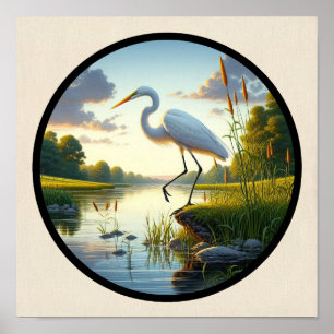 A Circular 3D Image of a Beautiful Great Egret Poster