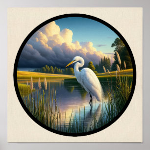 A Circular 3D Image of a Beautiful Great Egret Poster