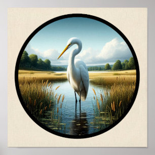 A Circular 3D Image of a Beautiful Great Egret Poster