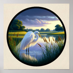 A Circular 3D Image of a Beautiful Great Egret  Poster