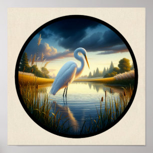 A Circular 3D Image of a Beautiful Great Egret Poster