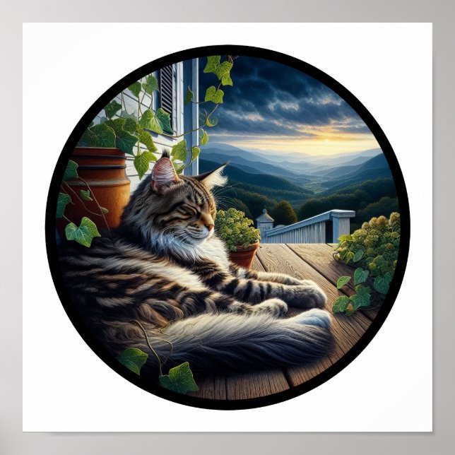 A Circular 3D Image of a Beautiful Maine Coon Cat  Poster (Front)
