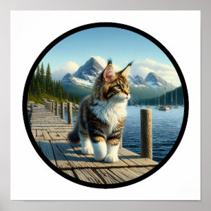 A Circular 3D Image of a Beautiful Maine Coon Cat  Poster