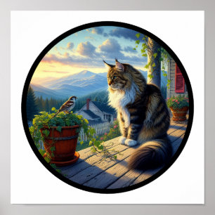 A Circular 3D Image of a Beautiful Maine Coon Cat  Poster