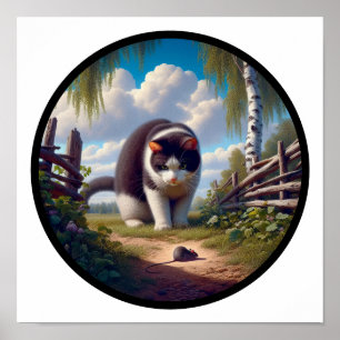 A Circular 3D Image of a Beautiful Tuxedo cat  Poster