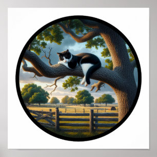A Circular 3D Image of a Beautiful Tuxedo cat Poster