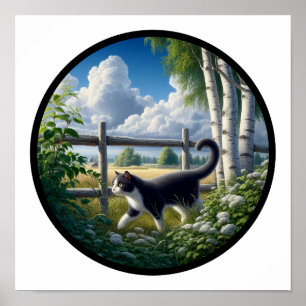 A Circular 3D Image of a Beautiful Tuxedo cat Poster
