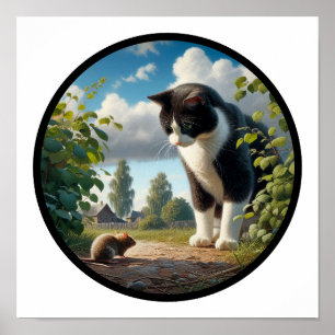 A Circular 3D Image of a Beautiful Tuxedo cat  Poster