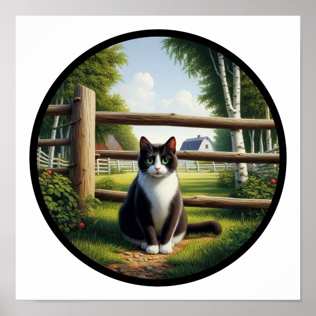 A Circular 3D Image of a Beautiful Tuxedo cat  Poster (Front)