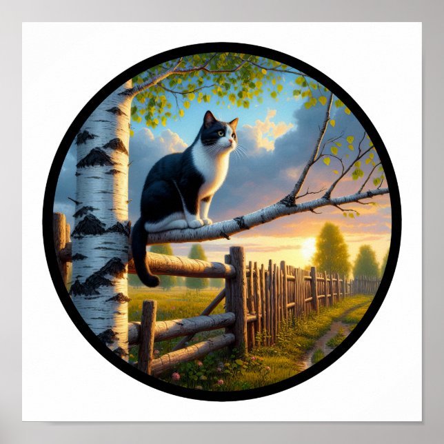 A Circular 3D Image of a Beautiful Tuxedo cat  Poster (Front)